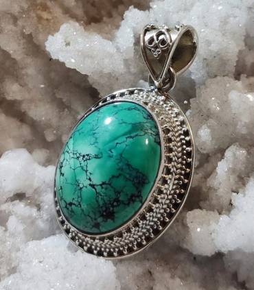 pendentif ethnique en argent et turquoise tibétaine