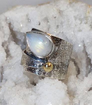 Bague argent laiton bijoux vintage et pierre naturelle pierre de lune.