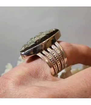 bague ethnique argent pierre naturelle de pyrite