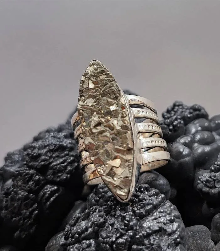 bague ethnique argent pierre naturelle de pyrite