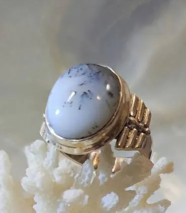 Bague aviateur en argent et agate dendritique