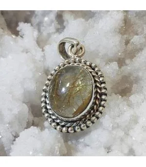 Pendentif ethnique chic en argent et quartz rutilé doré.