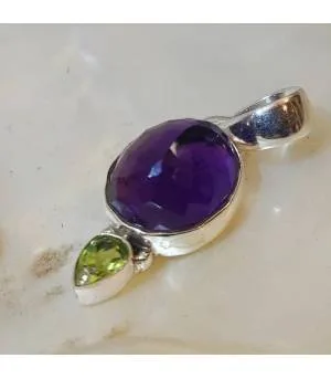 Pendentif argent pierres naturelles améthyste et péridot