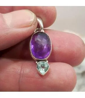 Pendentif argent pierres naturelles améthyste et aigue marine.