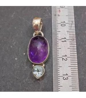 Pendentif argent pierres naturelles améthyste et aigue marine.