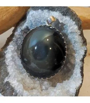 Pendentif argent bijoux ethnique en obsidienne "oeil céleste".