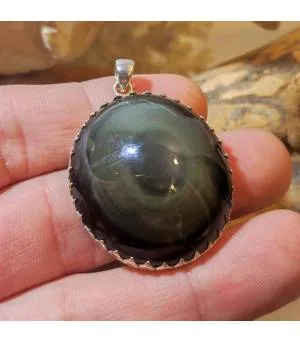 Pendentif argent bijoux ethnique en obsidienne "oeil céleste".