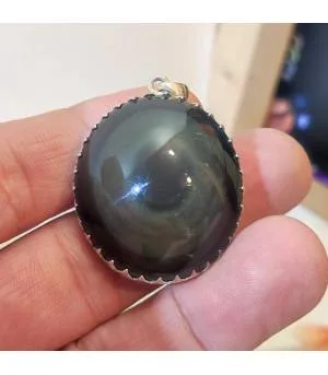 Pendentif argent bijoux ethnique en obsidienne "oeil céleste".