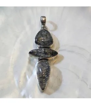 Pendentif argent triptik quartz rutilé tourmaline.