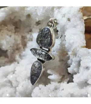 Pendentif argent triptik quartz rutilé tourmaline.