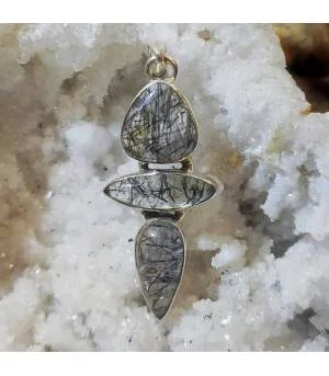 Pendentif argent triptik quartz rutilé tourmaline.