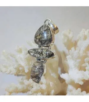Pendentif argent triptik quartz rutilé tourmaline.