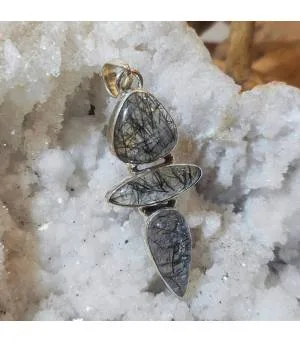 Pendentif argent triptik quartz rutilé tourmaline.