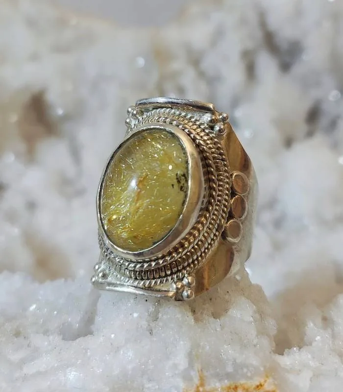 Bague "sunshine" argent et quartz rutilé doré