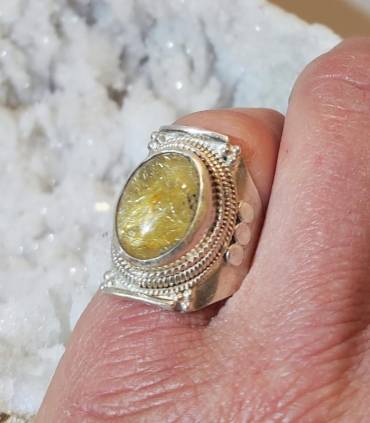 Bague "sunshine" en argent et quartz rutilé doré