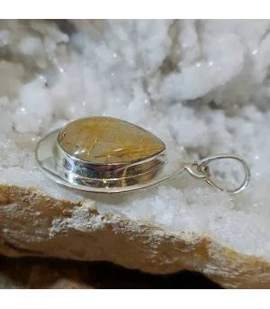 Pendentif artisanal argent quartz rutilé doré
