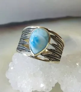 Bague plumes argent pierre naturelle larimar