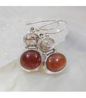 Boucles d'oreilles argent duo de quartz rutilé et de grenat