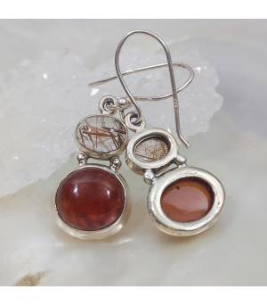 Boucles d'oreilles argent duo de quartz rutilé et de grenat