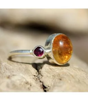 Bague argent pierres naturelles de citrine et grenat