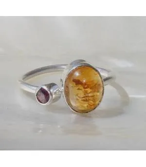 Bague argent pierres naturelles de citrine et grenat