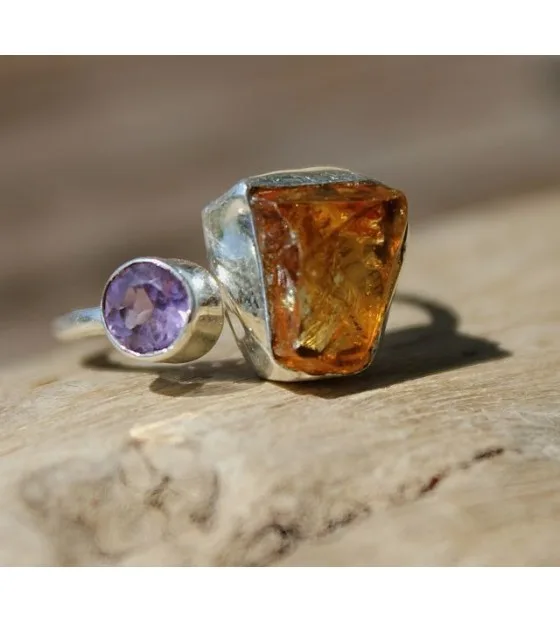 Bague argent ajustable pierres améthyste citrine brute shantilight Bague argent ajustable pierres améthyste citrine brute shantilight
