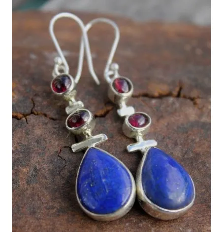 Boucles d'oreilles argent triptik pierres naturelles grenat lapis lazuli shantilight