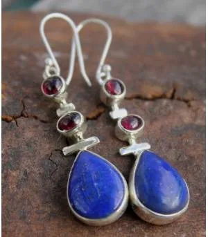 Boucles d'oreilles argent grenat lapis lazuli