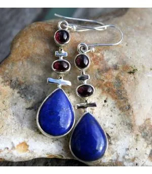 Boucles d'oreilles argent grenat lapis lazuli
