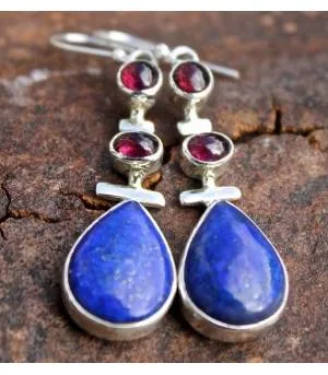 Boucles d'oreilles argent grenat lapis lazuli
