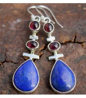 Boucles d'oreilles argent grenat lapis lazuli