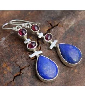 Boucles d'oreilles argent grenat lapis lazuli