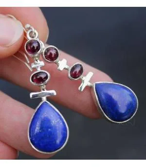 Boucles d'oreilles argent grenat lapis lazuli