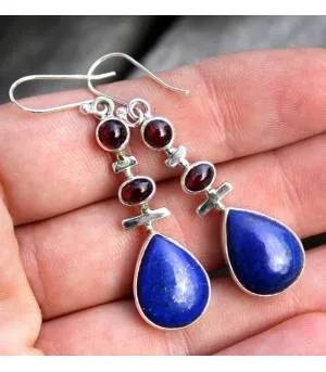 Boucles d'oreilles argent grenat lapis lazuli