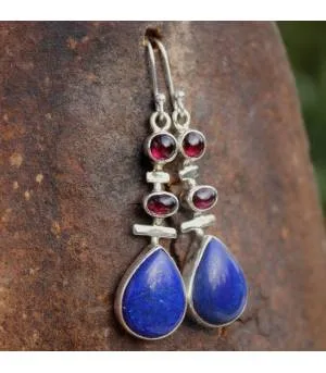 Boucles d'oreilles argent grenat lapis lazuli