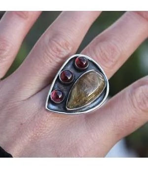 Bague argent ethnique quartz rutilé grenat