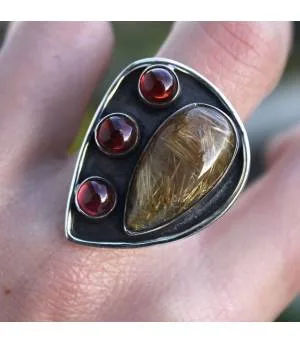 Bague argent ethnique quartz rutilé grenat