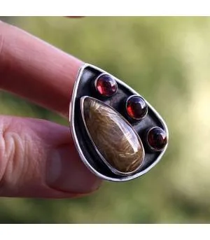 Bague argent ethnique quartz rutilé grenat