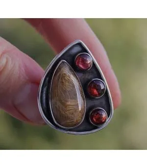 Bague argent ethnique quartz rutilé grenat