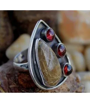 Bague argent ethnique quartz rutilé grenat