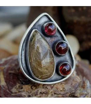 Bague argent ethnique quartz rutilé grenat