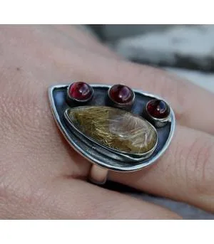 Bague argent ethnique quartz rutilé grenat