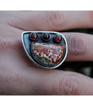 Bijoux ethnique bague argent oxydé pierres jaspe rouge et grenat shantilight