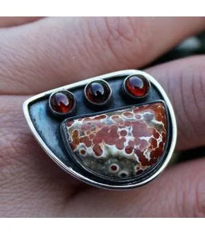 Bijoux ethnique bague argent oxydé pierres jaspe rouge et grenat shantilight