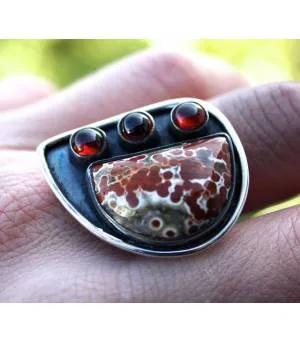 Bijoux ethnique bague argent oxydé pierres jaspe rouge et grenat shantilight