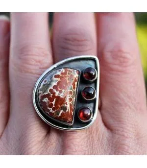Bijoux ethnique bague argent oxydé pierres jaspe rouge et grenat shantilight