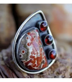 Bijoux ethnique bague argent oxydé pierres jaspe rouge et grenat shantilight