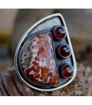 Bijoux ethnique bague argent oxydé pierres jaspe rouge et grenat shantilight