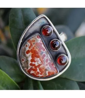 Bijoux ethnique bague argent oxydé pierres jaspe rouge et grenat shantilight