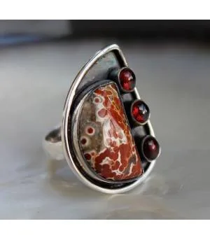 Bijoux ethnique bague argent oxydé pierres jaspe rouge et grenat shantilight